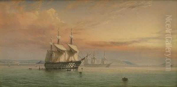 Estuary Scene Men Of War At Anchor Oil Painting by William Frederick Settle