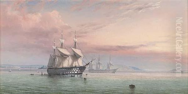 A Three-decker Taking On Provisions In Plymouth Sound Oil Painting by William Frederick Settle