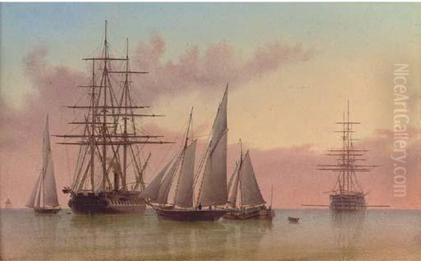 Warships And Other Vessels In A Calm Oil Painting by William Frederick Settle