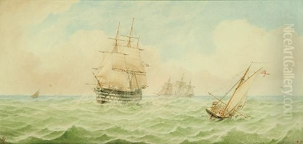 H.m.s. Britannia, The Royal Yacht And A Naval Cutter In The Solent Oil Painting by William Frederick Settle