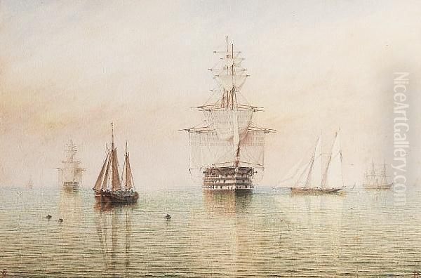 Wooden Walls And Ironclads - Old And New Battleships In A Calm Oil Painting by William Frederick Settle