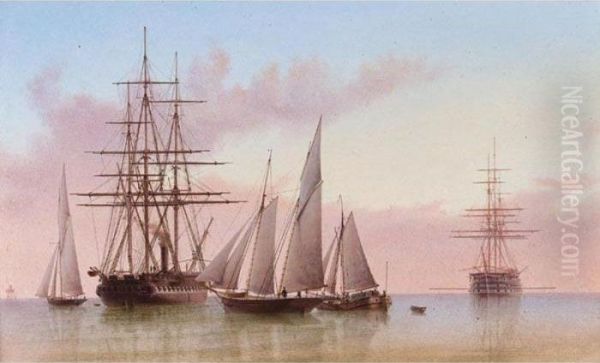 Shipping In A Calm At Dusk Oil Painting by William Frederick Settle