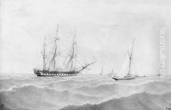 The Iron Screw Frigate H.m.s. Raleigh; And The Twin-turret Shiph.m.s. Edinburgh At Sea Oil Painting by William Frederick Settle