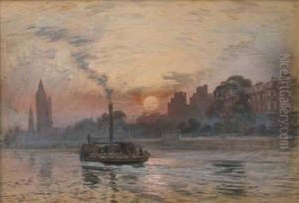 Steam Barge On Thethames At Dusk Oil Painting by Arthur Severn