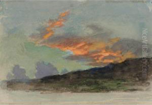 A Sunset Over Coniston Oil Painting by Arthur Severn