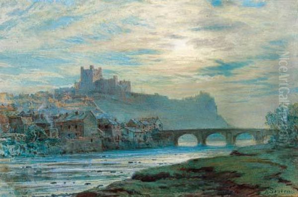 View Of Richmond Castle, Yorkshire; Dusk Oil Painting by Arthur Severn