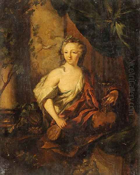 A Woman, en deshabill, holding a Carafe and a Goblet, sitting on a partially draped Balcony Oil Painting by Ottmar, the Younger Elliger