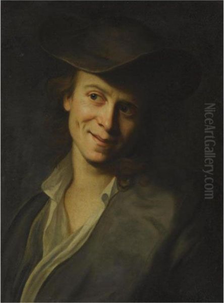 Portrait Of A Boy With Long Hair, Half-length, Wearing A Brownhat Oil Painting by Christian Seybold