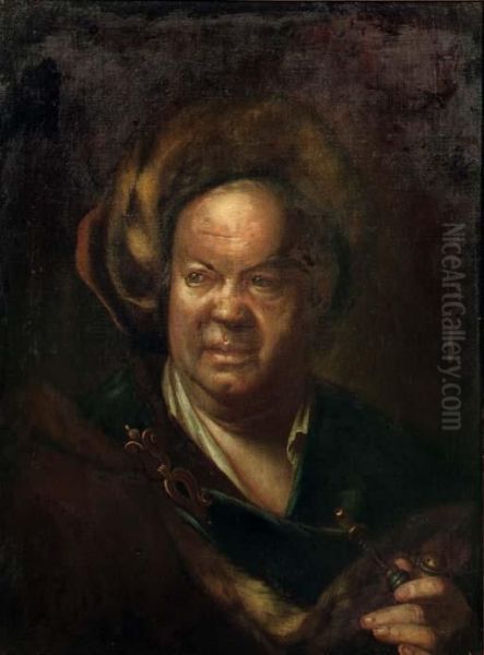 Portrait Of A Gentleman, 
Bust-length, In A Costume With A Fur Coat And Fur-lined Hat, Holding A 
Pipe In His Left Hand Oil Painting by Christian Seybold