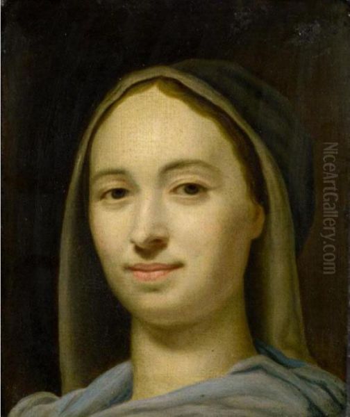 Head Of A Lady Wearing Blue With A White Headress Oil Painting by Christian Seybold