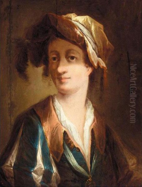 Portrait Of A Gentleman, Half 
Length, Wearing A Blue Jacket With Slashed Sleeves And A Pink Collar, 
And An Elaborate Feathered Hat Oil Painting by Christian Seybold