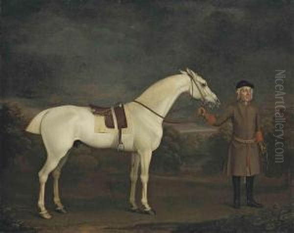 A Saddled Grey Thoroughbred Held By A Groom, In A Wooded Landscape Oil Painting by James Seymour