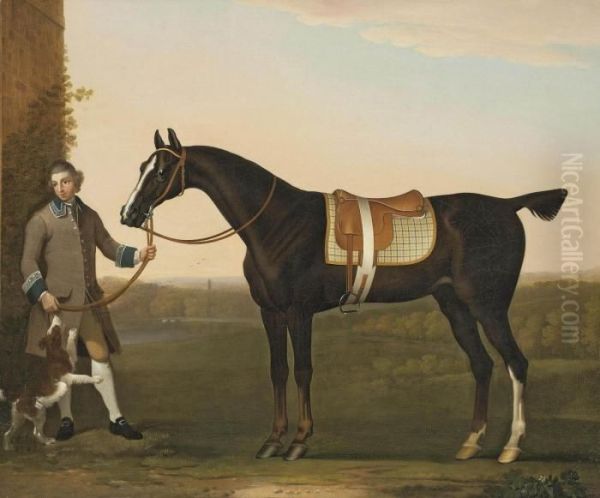 A Hunter Held By A Groom With A Dog, In A Wooded Landscape Oil Painting by James Seymour