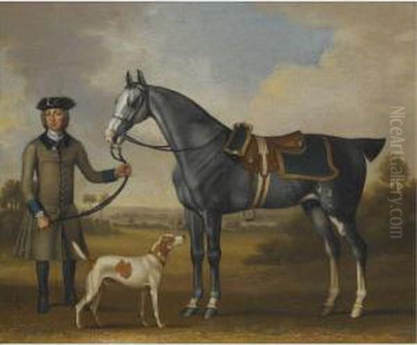 A Grey Hunter Held By A Groom With A Hound In A Landscape Oil Painting by James Seymour