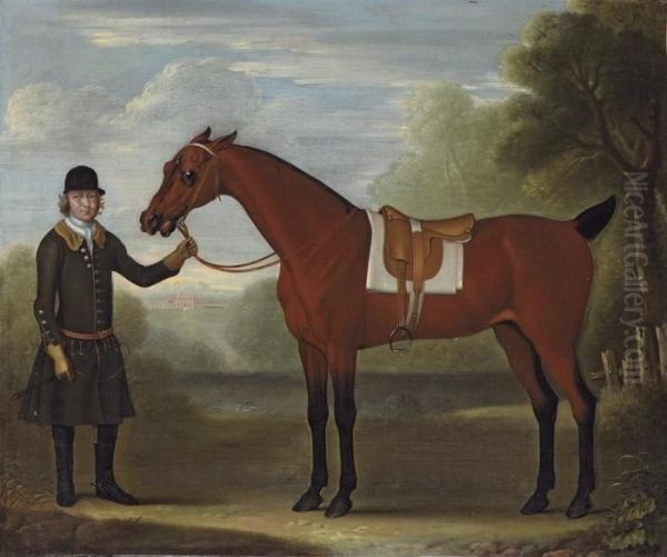 A Groom Holding A Saddled Bay Hunter In A Park, A Country House Beyond Oil Painting by James Seymour