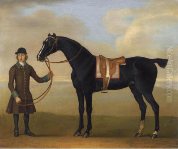 The Black Racehorse Molotto Held By A Groom Oil Painting by James Seymour