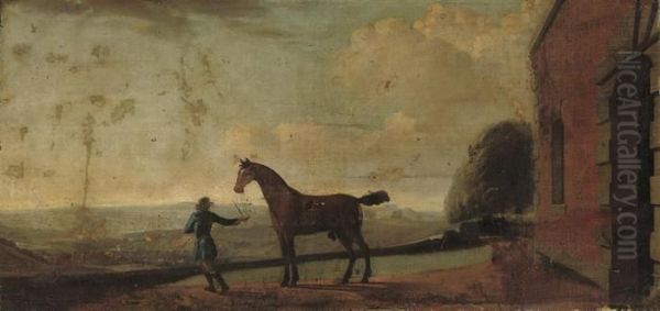 A Groom With A Bay Racehorse, By A Stable, A Landscape Beyond Oil Painting by James Seymour