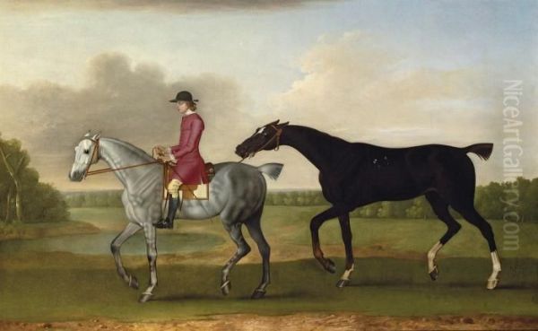 A Liver Chesnut Racehorse Led By A Mounted Groom In A Woodedlandscape Oil Painting by James Seymour