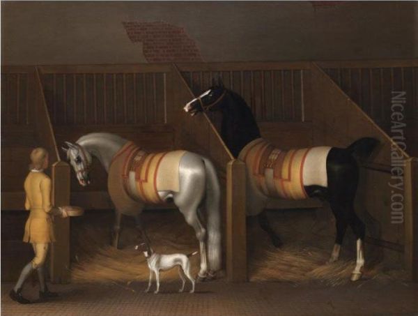 A Groom Feeding Two Horses In A Loosebox With A Dog Oil Painting by James Seymour