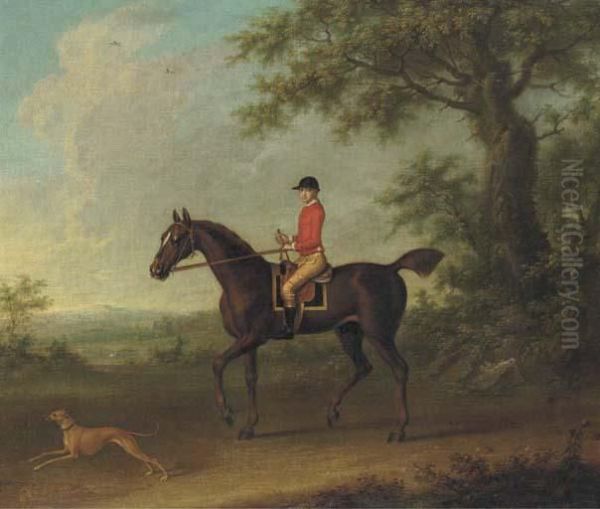 Sedbury, With Jockey Up, And A 
Greyhound In An Extensive Wooded Landscape, With Two Country Houses 
Beyond Oil Painting by James Seymour