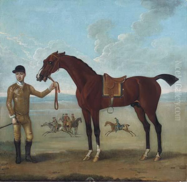 The Duke Of Devonshire's Flying Childers Held By A Jockey, Withhorses Excercising Beyond Oil Painting by James Seymour