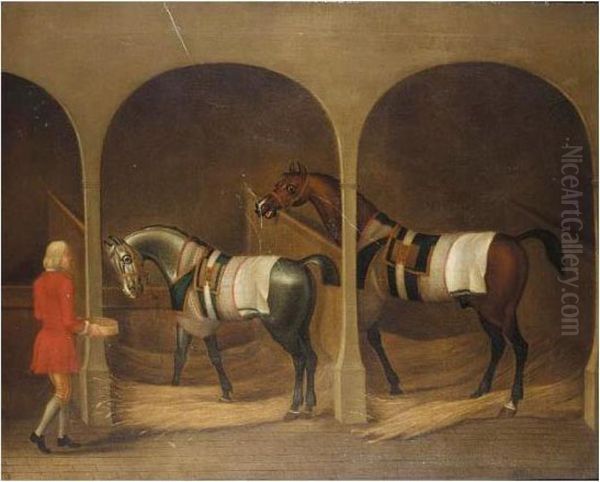 Groom Feeding Two Horses Oil Painting by James Seymour