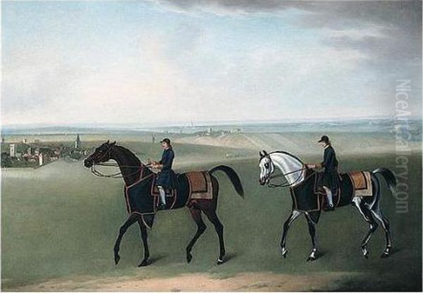 Two Racehorses And Their Jockeys Exercising On Newmarket Heath Oil Painting by James Seymour