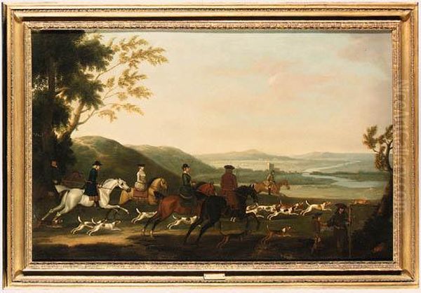 A Hunting Party After A Hare, With An Extensive River Landscapebeyond Oil Painting by James Seymour