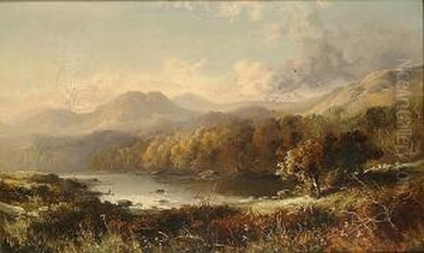 A Figure Fishing A Lake In An Extensive Country Landscape Oil Painting by Thomas, Tom Seymour