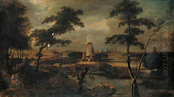 A distant view of Amsterdam with peasants in a ferry in the foreground Oil Painting by Gerard Edema