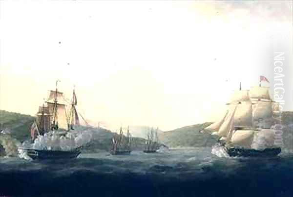 Attack on the French frigate Aimable and the French sloop Ceres by two British frigates under Lord Hood in the Mona Passage between Puerto Rico and Santo Domingo Oil Painting by Captain William Elliot