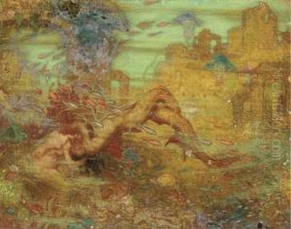 Mermaids Embracing Before An Underwater City Oil Painting by William Shackleton