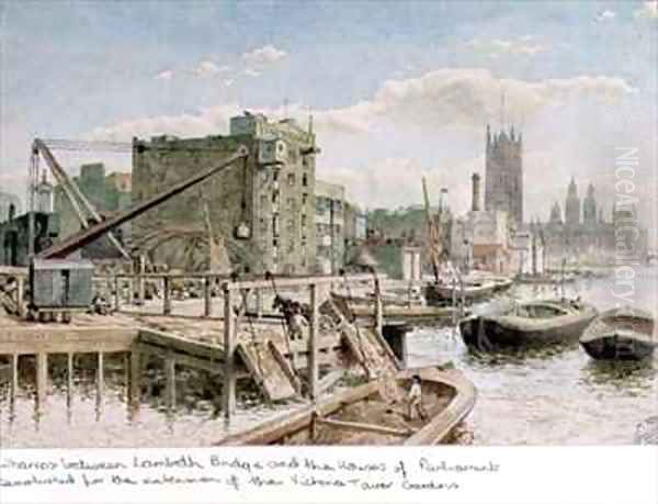 Riverside View of the Wharves between Lambeth Bridge and the Houses of Parliament Oil Painting by John Phillipp Emslie