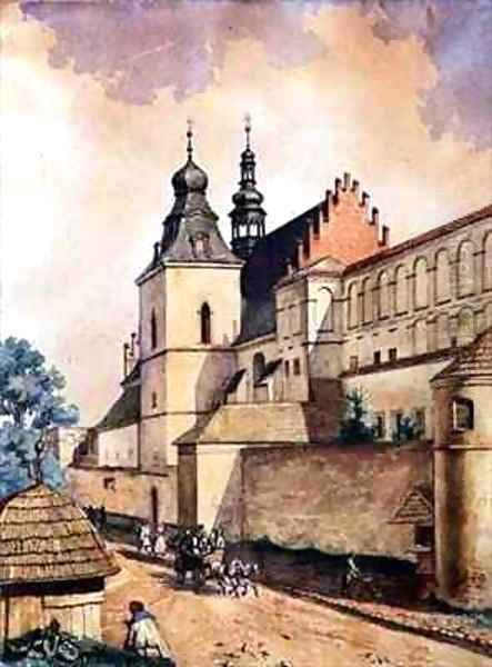 In Front of the Norbertine Monastery Kozienice Oil Painting by Walery Eljasz-Radzikowski