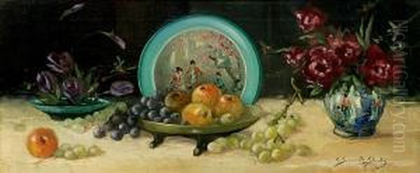 Still Life With Fruit, Flowers And Oriental Ceramics by William Somerville Shanks