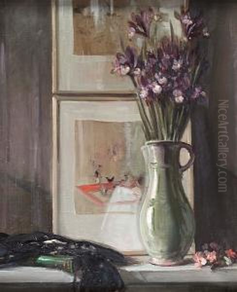 Still Life Of Irises And Japanese Prints by William Somerville Shanks