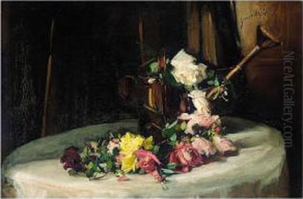 A Still Life Of Roses And Watering Can by William Somerville Shanks