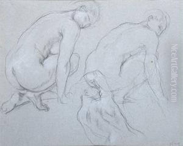 Studies Of Nude Figures Stooping, Anotherwith Her Arm Above Her Head Oil Painting by Charles Haslewood Shannon