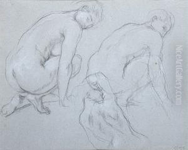 Studies Of Nude Figures Stooping, Another With Her Arm Above Her Head Oil Painting by Charles Haslewood Shannon