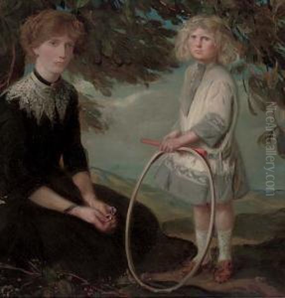 Portrait Of A Mother, Seated 
Full-length In A Garden, Her Son Standing Beside Her Holding A Hoop Oil Painting by Charles Haslewood Shannon