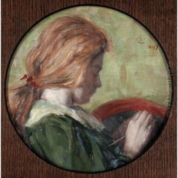 Girl Embroidering Oil Painting by Charles Haslewood Shannon