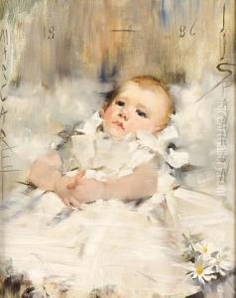 Baby In A Ruffled Dress Oil Painting by James Jebusa Shannon