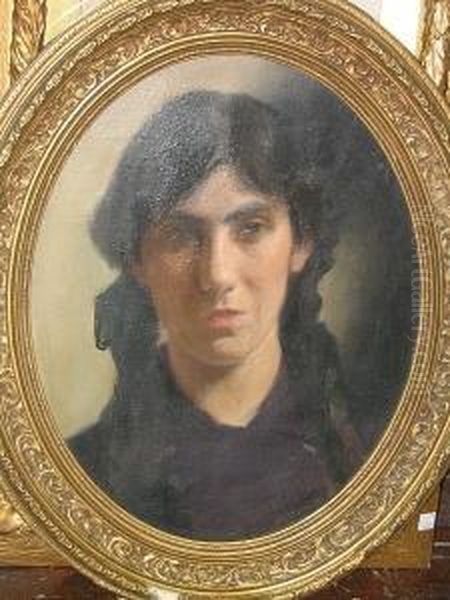 Portrait Of A Lady, Head And Shoulders, With Long Plaited Hair, Wearing Purple Blouse Oil Painting by James Jebusa Shannon