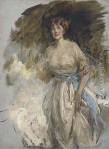 Portrait Of Lady Grace Dance, 
Three-quarter-length, In A Whitedress With Blue Waistband, A Sketch Oil Painting by James Jebusa Shannon