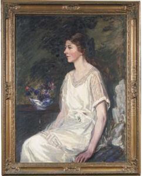 Portrait Of Pierre Collins, 
Seated, Three-quarter-length, In Awhite Dress, By A Bowl Of Flowers Oil Painting by James Jebusa Shannon