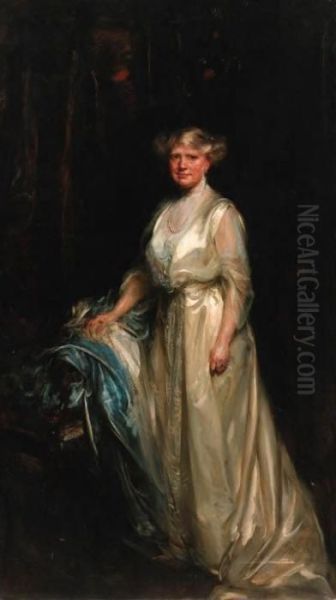 Portrait Of A Lady, Standing 
Full-length, In A Cream Dress, Restingher Right Hand On A Chair Oil Painting by James Jebusa Shannon