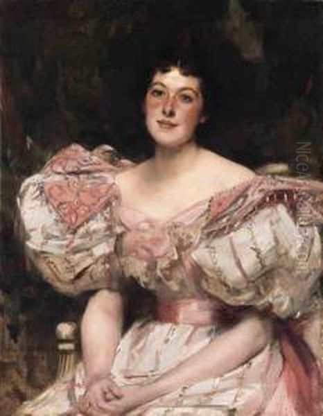 Portrait Of A Lady In A Pink And White Dress Oil Painting by James Jebusa Shannon