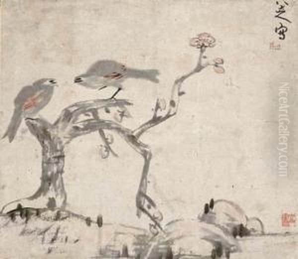 Birds, Plum Blossoms, And Rock Oil Painting by Bada Shanren