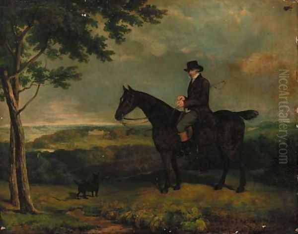 A gentleman on a hunter, with a terrier, Harewood House beyond Oil Painting by Eden Upton Eddis