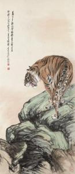 Prowling Tiger Oil Painting by Zhang Shanzi